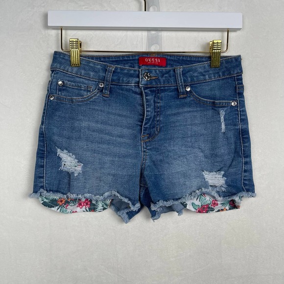 Y2K Guess Los Angeles Cut Off Distressed Jean Shorts Women’s 26 Floral Pockets - Picture 1 of 7
